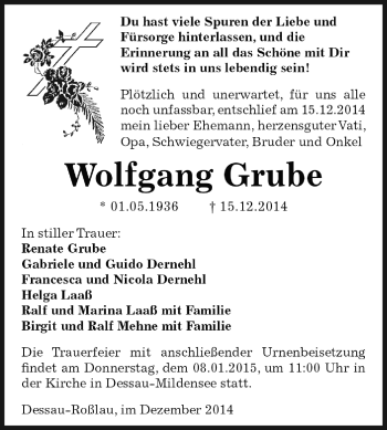 Traueranzeige von Wolfgang Grube von WVG - Wochenspiegel Dessau / Köthen