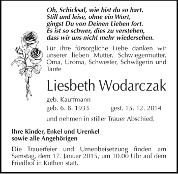 Traueranzeige von Liesbeth Wodarczak von Mitteldeutsche Zeitung Köthen