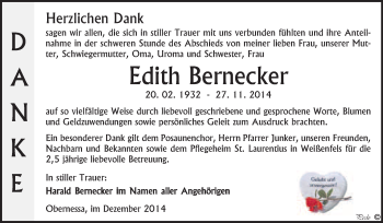 Traueranzeige von Edith Bernecker von WVG - Wochenspiegel NMB / WSF / ZTZ