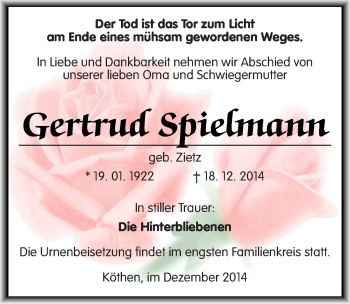 Traueranzeige von Gertrud Spielmann von Mitteldeutsche Zeitung Köthen