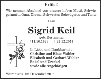 Traueranzeige von Sigrid Keil von Super Sonntag Zeitz