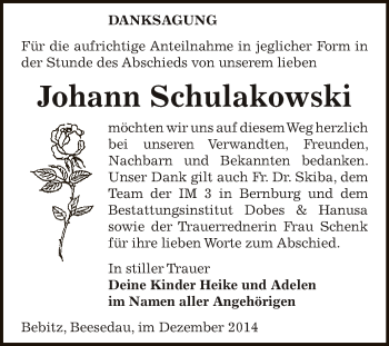 Traueranzeige von Johann Schulakowski von Super Sonntag Bernburg