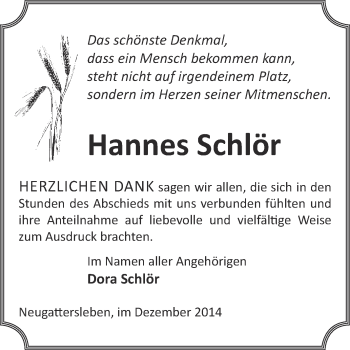 Traueranzeige von Hannes Schlör von Super Sonntag Bernburg