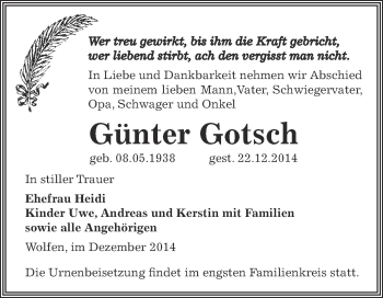 Traueranzeige von Günter Gotsch von WVG - Wochenspiegel Bitterfeld