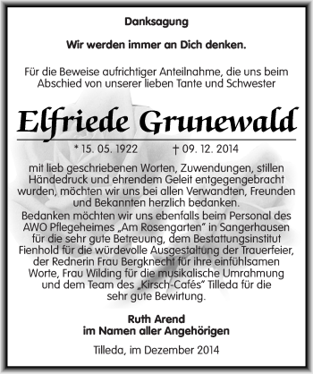 Traueranzeige von Elfriede Grunewald von Mitteldeutsche Zeitung Sangerhausen