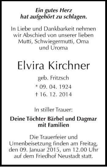 Traueranzeige von Elvira Kirchner von Mitteldeutsche Zeitung Halle/Saalkreis