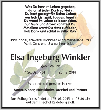 Traueranzeige von Elsa Ingeburg Winkler von Mitteldeutsche Zeitung Halle/Saalkreis