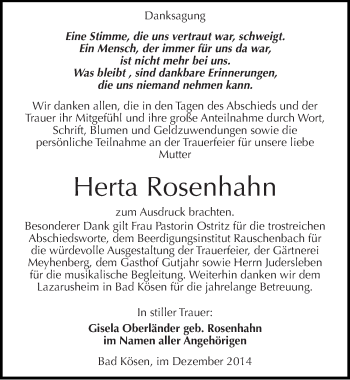 Traueranzeige von Herta Rosenhahn von Mitteldeutsche Zeitung Naumburg/Nebra