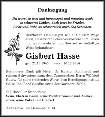 Traueranzeige von Gisbert Hasse von WVG - Wochenspiegel Dessau / Köthen