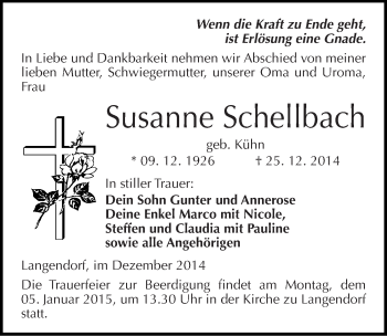 Traueranzeige von Susanne Schellbach von Mitteldeutsche Zeitung Zeitz