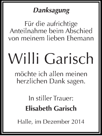 Traueranzeige von Willi Garisch von Mitteldeutsche Zeitung Halle/Saalkreis