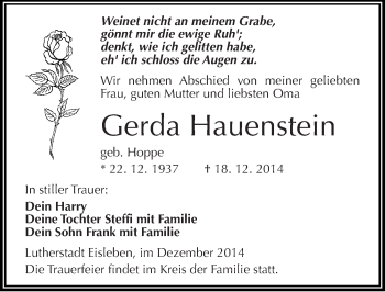 Traueranzeige von Gerda Hauenstein von Mitteldeutsche Zeitung Mansfelder Land