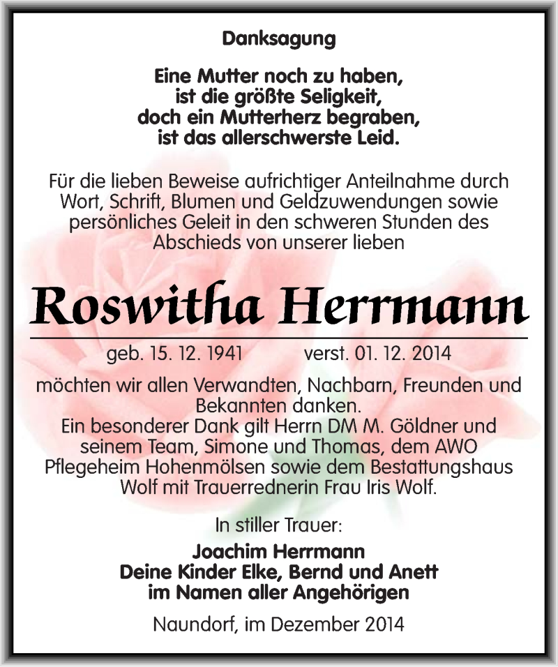  Traueranzeige für Roswitha Herrmann vom 20.12.2014 aus Mitteldeutsche Zeitung Weißenfels