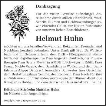 Traueranzeige von Georg Helmut Huhn von WVG - Wochenspiegel Bitterfeld