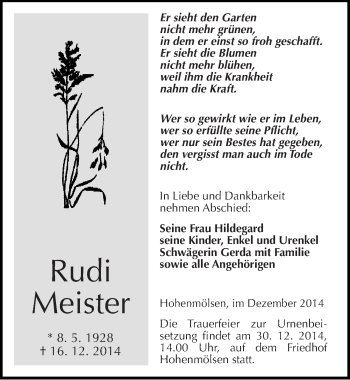 Traueranzeige von Rudi Meister von Mitteldeutsche Zeitung Weißenfels