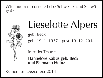 Traueranzeige von Lieselotte Alpers von Mitteldeutsche Zeitung Köthen