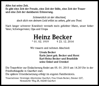 Traueranzeige von Heinz Becker von Mitteldeutsche Zeitung Merseburg/Querfurt