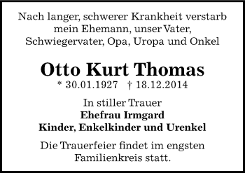 Traueranzeige von Otto Kurt Thomas von Mitteldeutsche Zeitung Bernburg