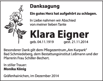 Traueranzeige von Klara Eigner von WVG - Wochenspiegel Wittenberg