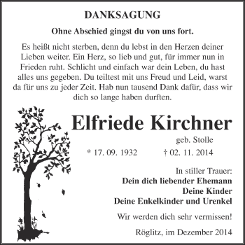 Traueranzeige von Elfriede Kirchner von Super Sonntag Merseburg