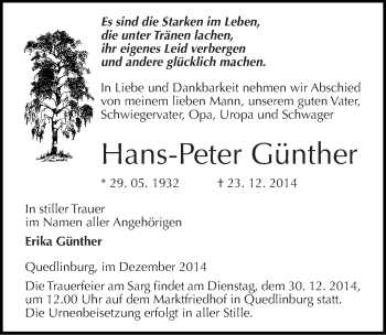 Traueranzeige von Hans-Peter Günther von Mitteldeutsche Zeitung Quedlinburg