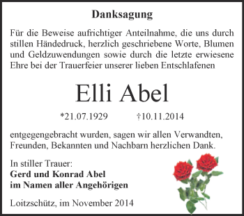 Traueranzeige von Elli Abel von WVG - Wochenspiegel NMB / WSF / ZTZ