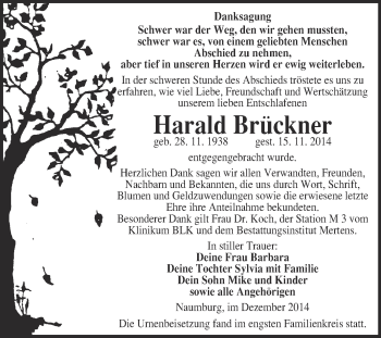 Traueranzeige von Harald Brückner von WVG - Wochenspiegel NMB / WSF / ZTZ