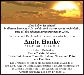 Traueranzeige von Anita Hanke von WVG - Wochenspiegel Dessau / Köthen