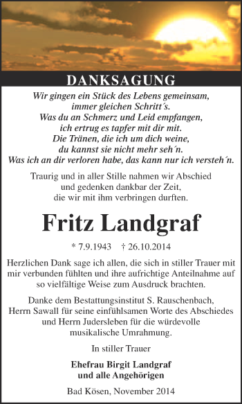 Traueranzeige von Fritz Landgraf von WVG - Wochenspiegel NMB / WSF / ZTZ
