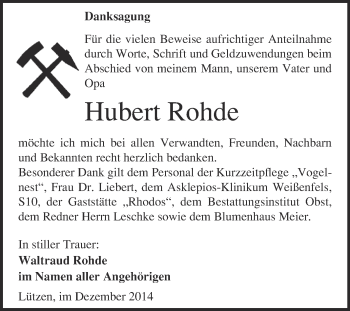 Traueranzeige von Hubert Rohde von Super Sonntag Merseburg