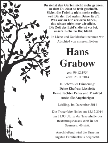 Traueranzeige von Hans Grabow von WVG - Wochenspiegel NMB / WSF / ZTZ