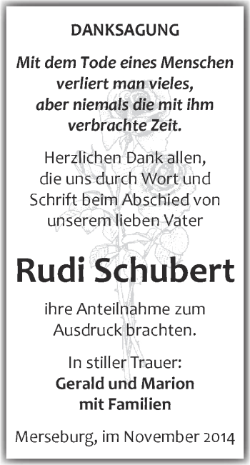 Traueranzeige von Rudi Schubert von WVG - Wochenspiegel Merseburg