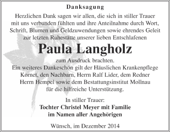 Traueranzeige von Paula Langholz von WVG - Wochenspiegel Merseburg