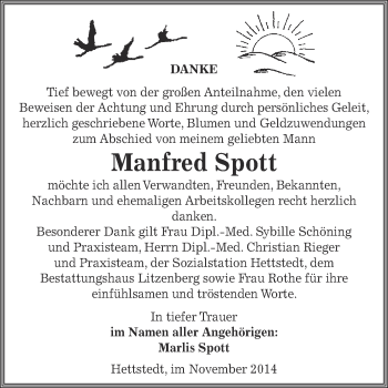 Traueranzeige von Manfred Spott von Wochenspiegel Mansfelder Land