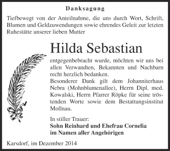 Traueranzeige von Hilda Sebastian von WVG - Wochenspiegel Merseburg
