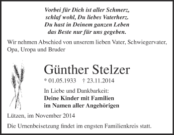 Traueranzeige von Günther Stelzer von Super Sonntag Merseburg