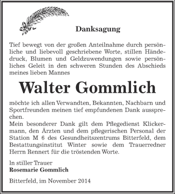 Traueranzeige von Walter Gommlich von WVG - Wochenspiegel Bitterfeld