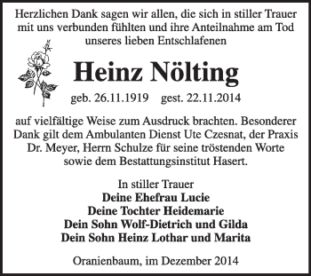 Traueranzeige von Heinz Nölting von Super Sonntag Wittenberg