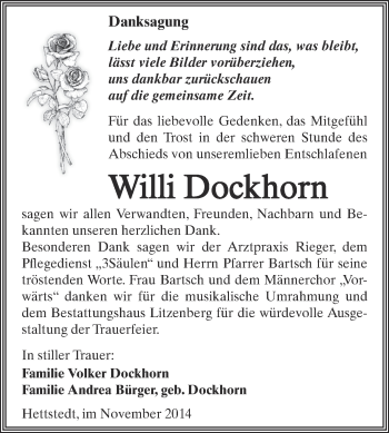 Traueranzeige von Willi Dockhorn von Wochenspiegel Mansfelder Land