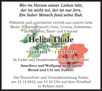 Traueranzeige von Helga Thäle von WVG - Wochenspiegel Dessau / Köthen