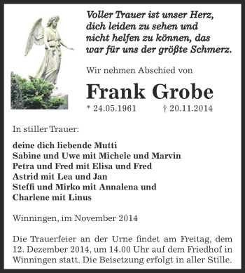 Traueranzeige von Frank Grobe von WVG - Wochenspiegel Aschersleben
