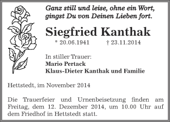 Traueranzeige von Siegfried Kanthak von Wochenspiegel Mansfelder Land
