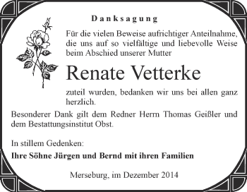 Traueranzeige von Renate Vetterke von Super Sonntag Merseburg