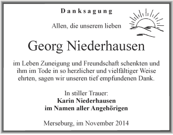 Traueranzeige von Georg Niederhausen von WVG - Wochenspiegel Merseburg