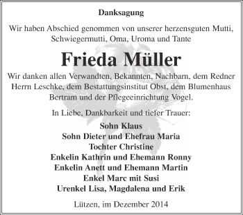 Traueranzeige von Frieda Müller von Super Sonntag Merseburg