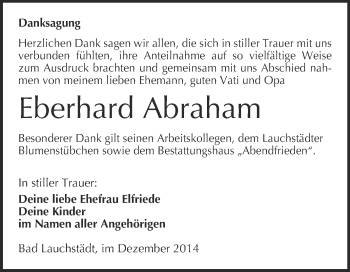 Traueranzeige von Eberhard Abraham von WVG - Wochenspiegel Merseburg