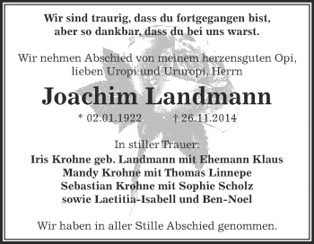 Traueranzeige von Joachim Landmann von Super Sonntag Zeitz