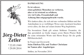 Traueranzeige von Jörg-Dieter Zetler von WVG - Wochenspiegel NMB / WSF / ZTZ