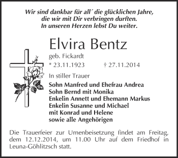 Traueranzeige von Elvira Bentz von Super Sonntag Merseburg