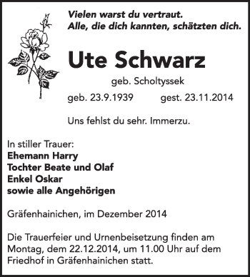Traueranzeige von Ute Schwarz von WVG - Wochenspiegel Wittenberg
